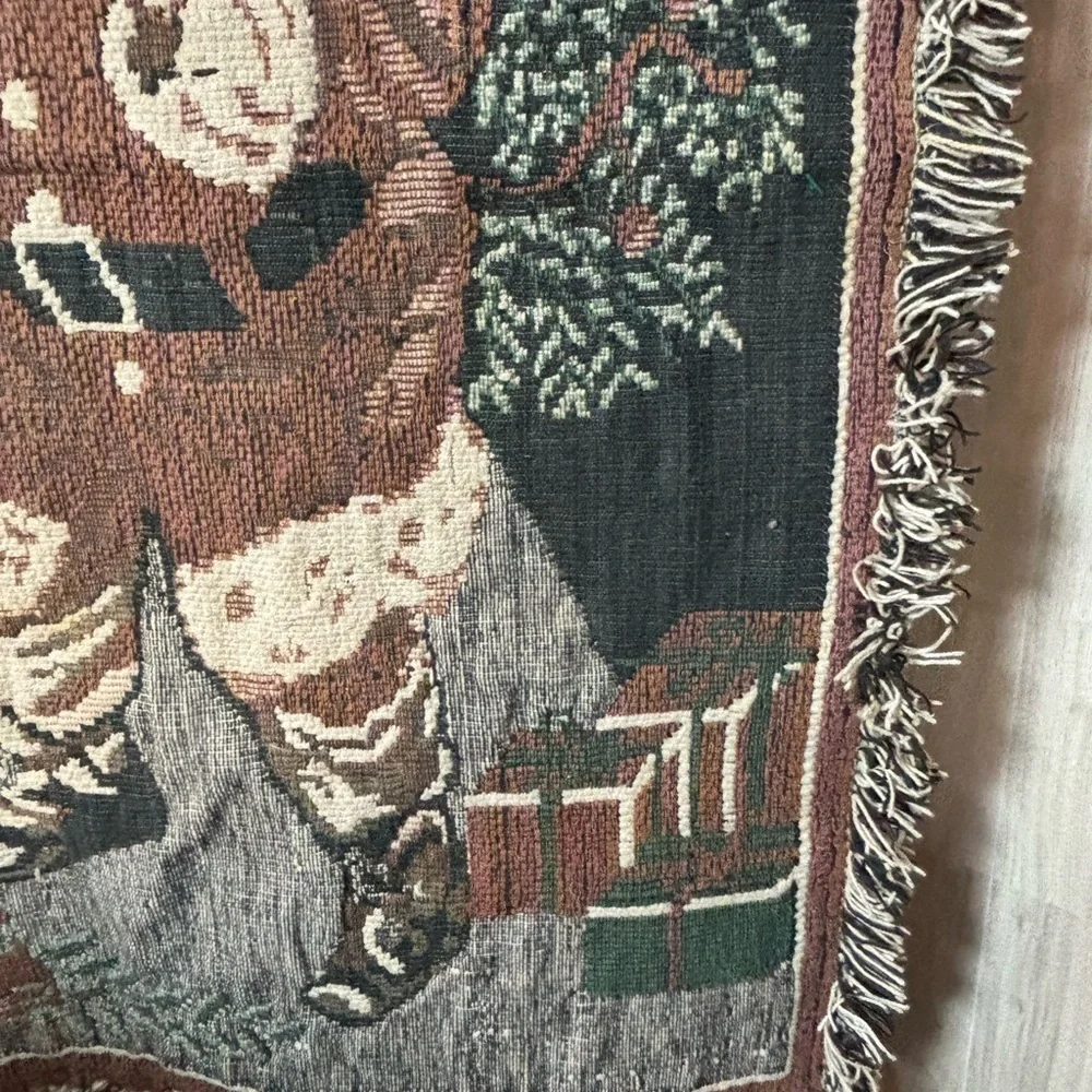Festive Vintage Santa Woven Tapestry Throw Blanket in Brown and Green